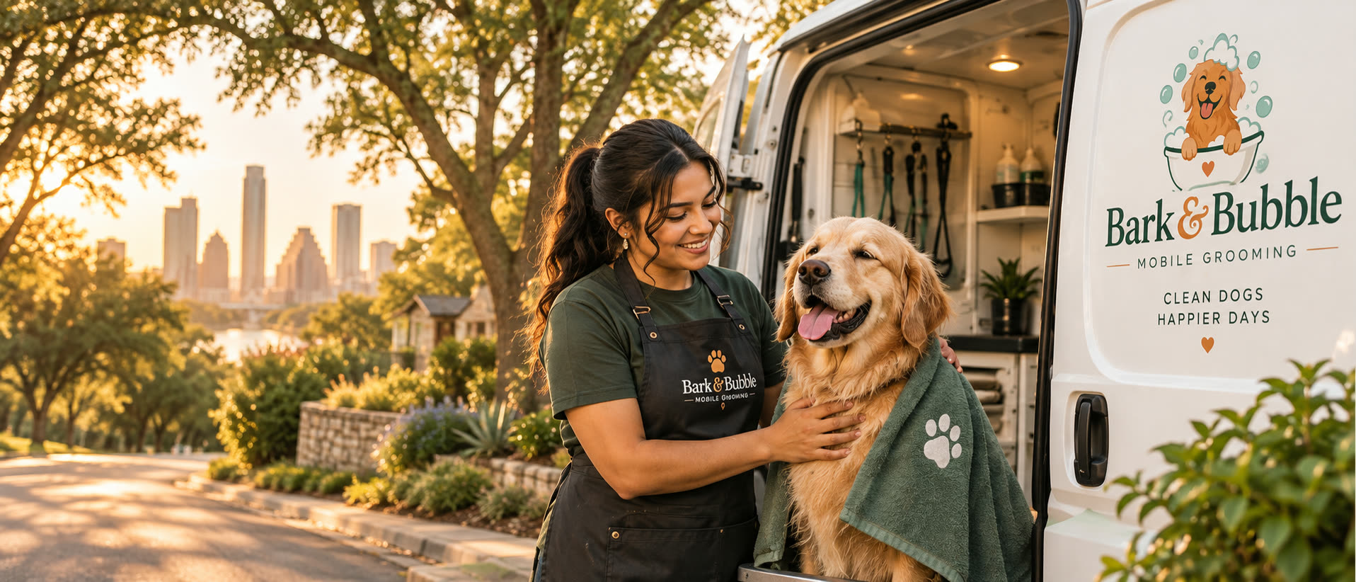 Maya with a freshly groomed golden retriever beside the Bark and Bubble mobile grooming van in Austin