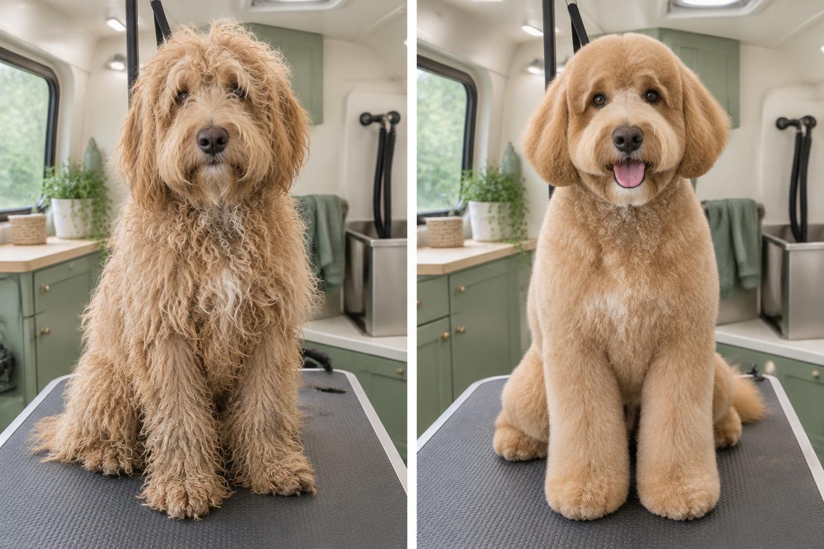A freshly groomed Goldendoodle